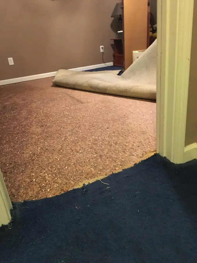 Carpet pad removal revealing water damage during Drying & Dehumidification in Canton